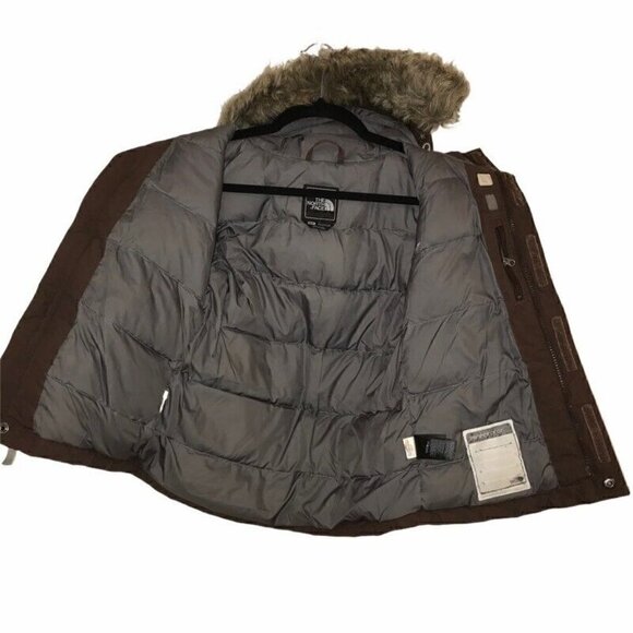 North Face Hyvent Girls Down Jacket Brown Faux Fur Trim Hooded Belt Zip Small - Picture 4 of 10